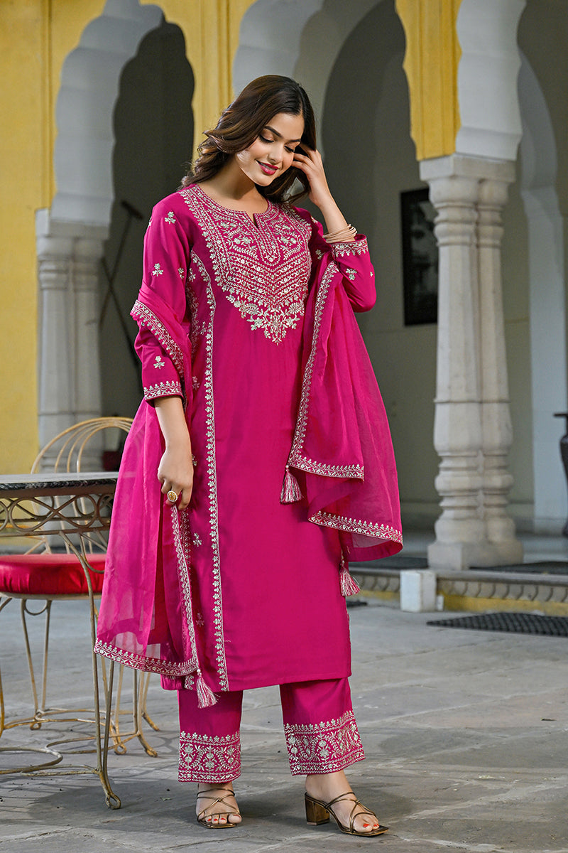 Pink Silk Blend Solid Embroidered Straight Kurta Palazzos With Dupatta | SHOBITAM
