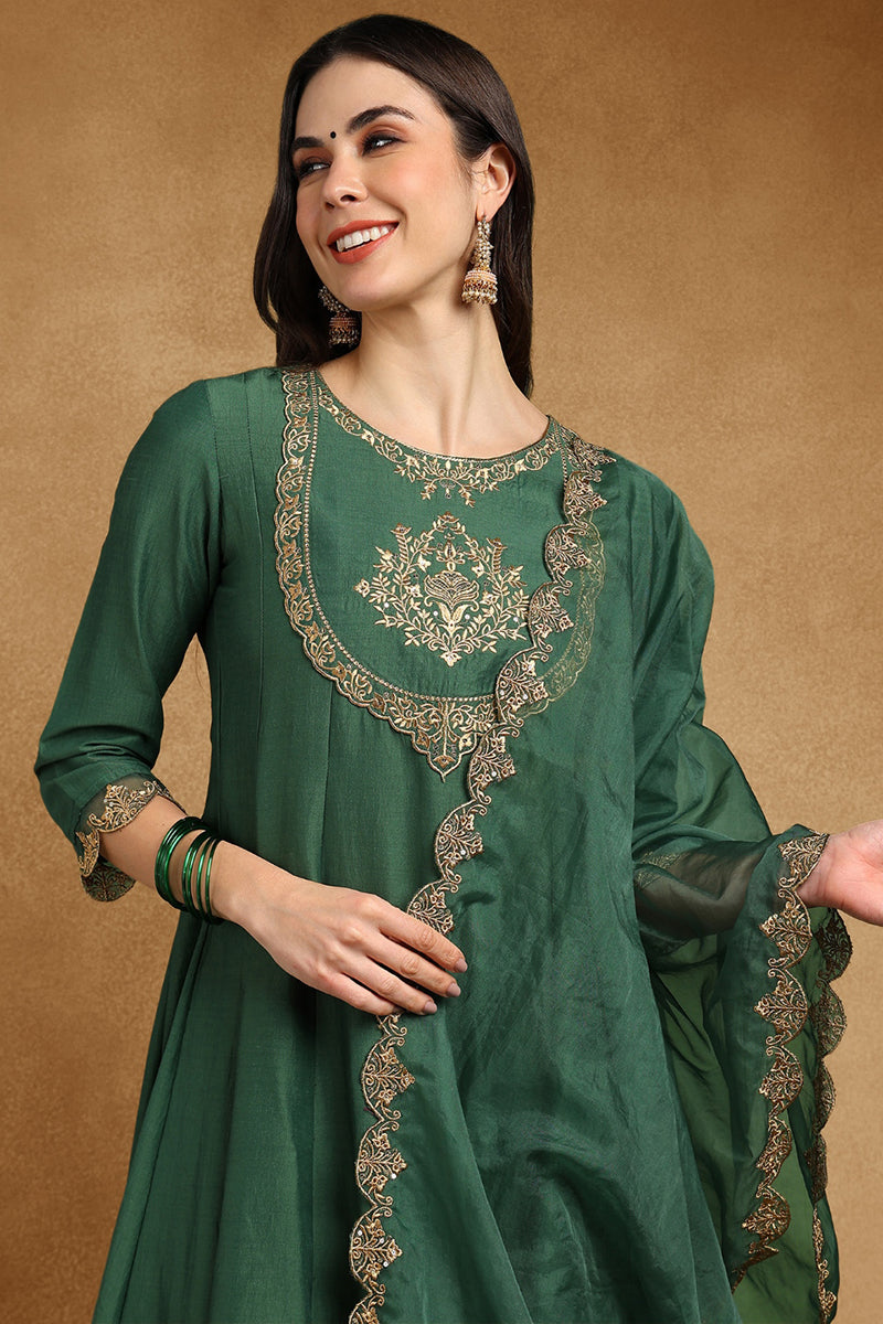 Green Silk Blend Solid Embroidered Anarkali Suit Set | SHOBITAM