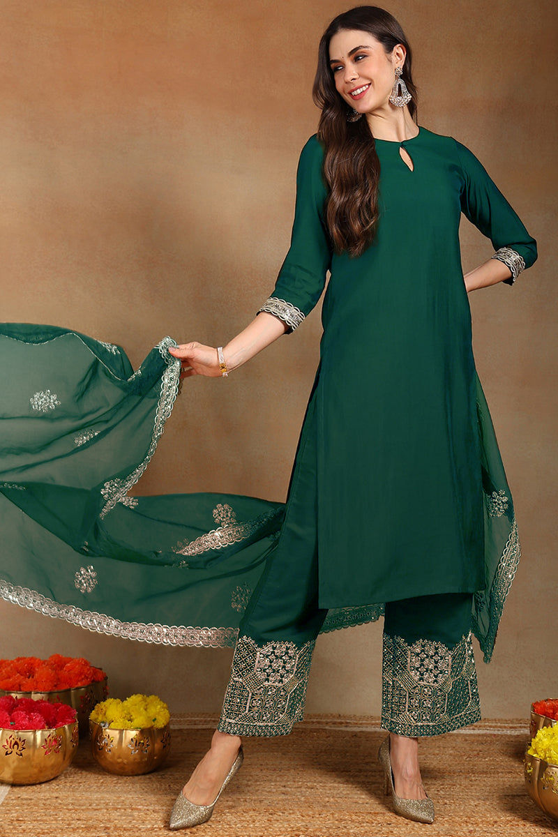Teal Green Silk Blend Solid Straight Festive Suit Set | SHOBITAM