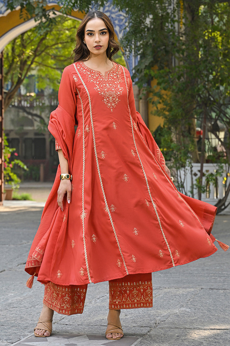 Orange Silk Blend Solid Embroidered Anarkali Suit Set | SHOBITAM