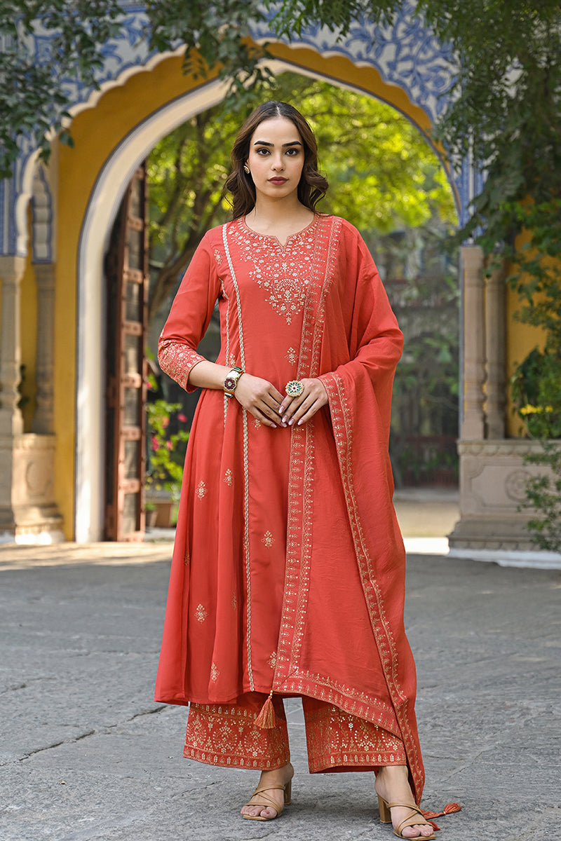 Orange Silk Blend Solid Embroidered Anarkali Suit Set | SHOBITAM