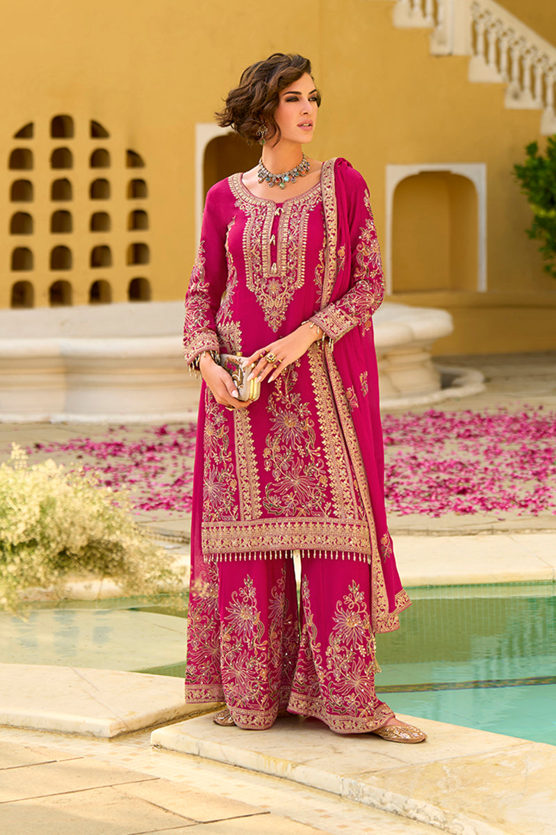 Pink Chinon Chiffon Embroidered Straight Kurta Sharara with Dupatta | SHOBITAM