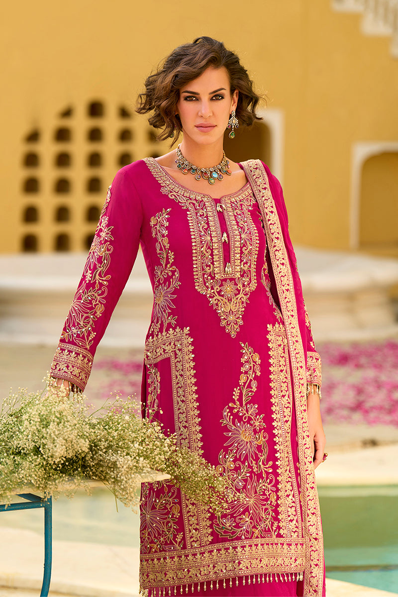 Pink Chinon Chiffon Embroidered Straight Kurta Sharara with Dupatta | SHOBITAM