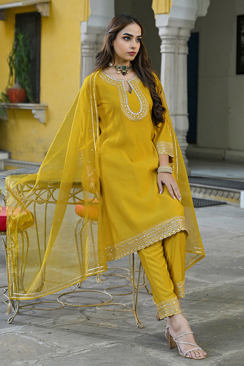 Mustard Silk Blend Solid Embroidered A-Line Kurta Trousers With Dupatta | SHOBITAM