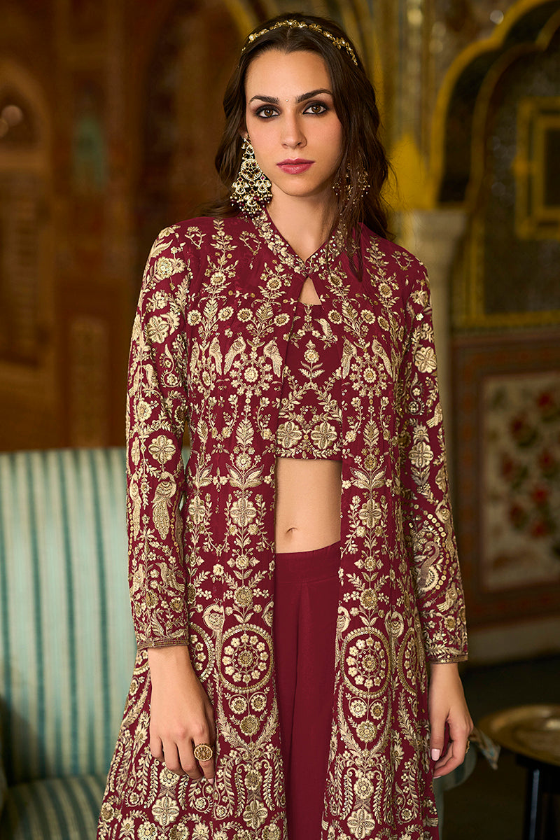 Maroon Georgette Embroidered Straighit Top Sharara With Shrug | SHOBITAM