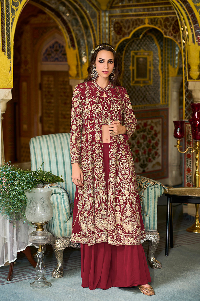 Maroon Georgette Embroidered Straighit Top Sharara With Shrug | SHOBITAM