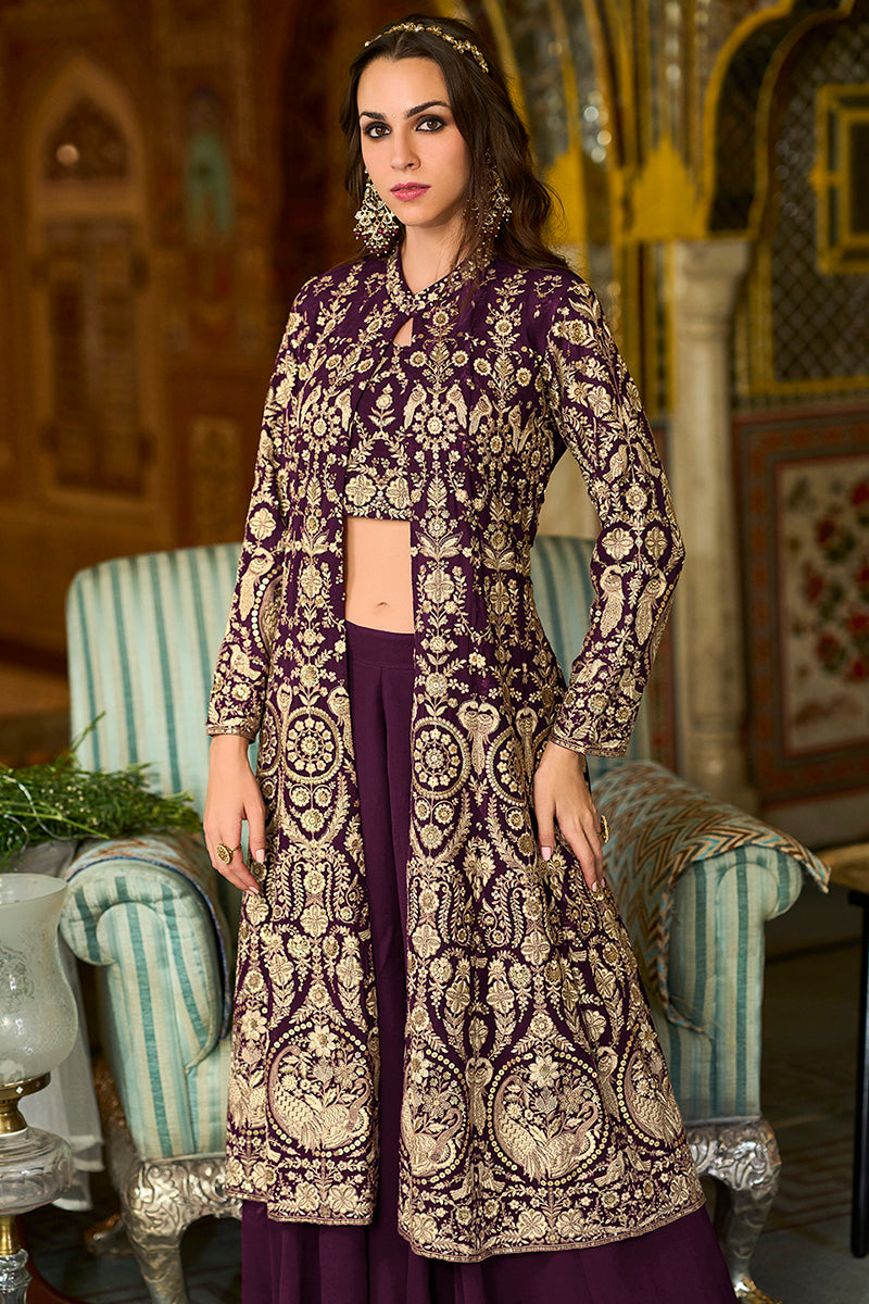 Purple Poly Georgette Embroidered Straighit Top Sharara With Shrug | SHOBITAM