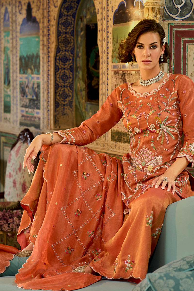 Orange Solid Embroidered Straight Kurta Palaazo with Dupatta | SHOBITAM