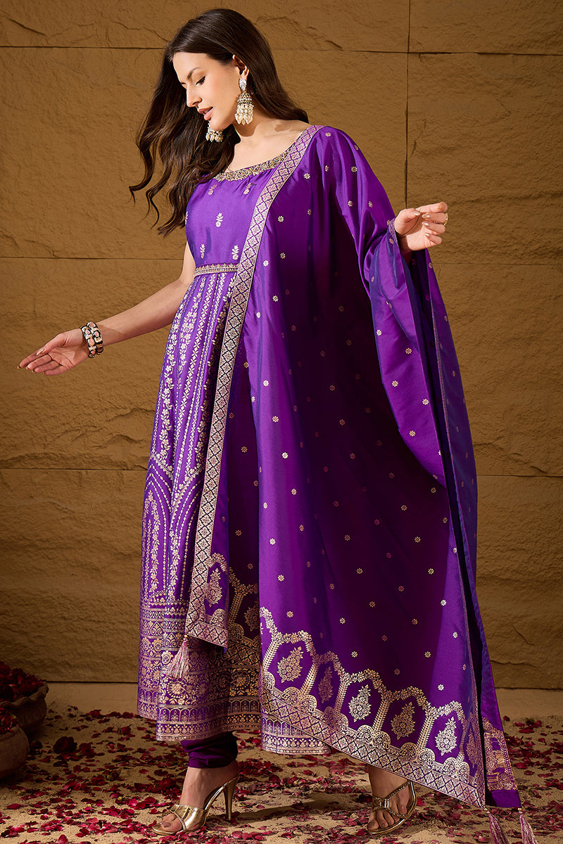 Purple Silk Blend Solid Woven Design Anarkali Kurta Churidar With Dupatta | SHOBITAM