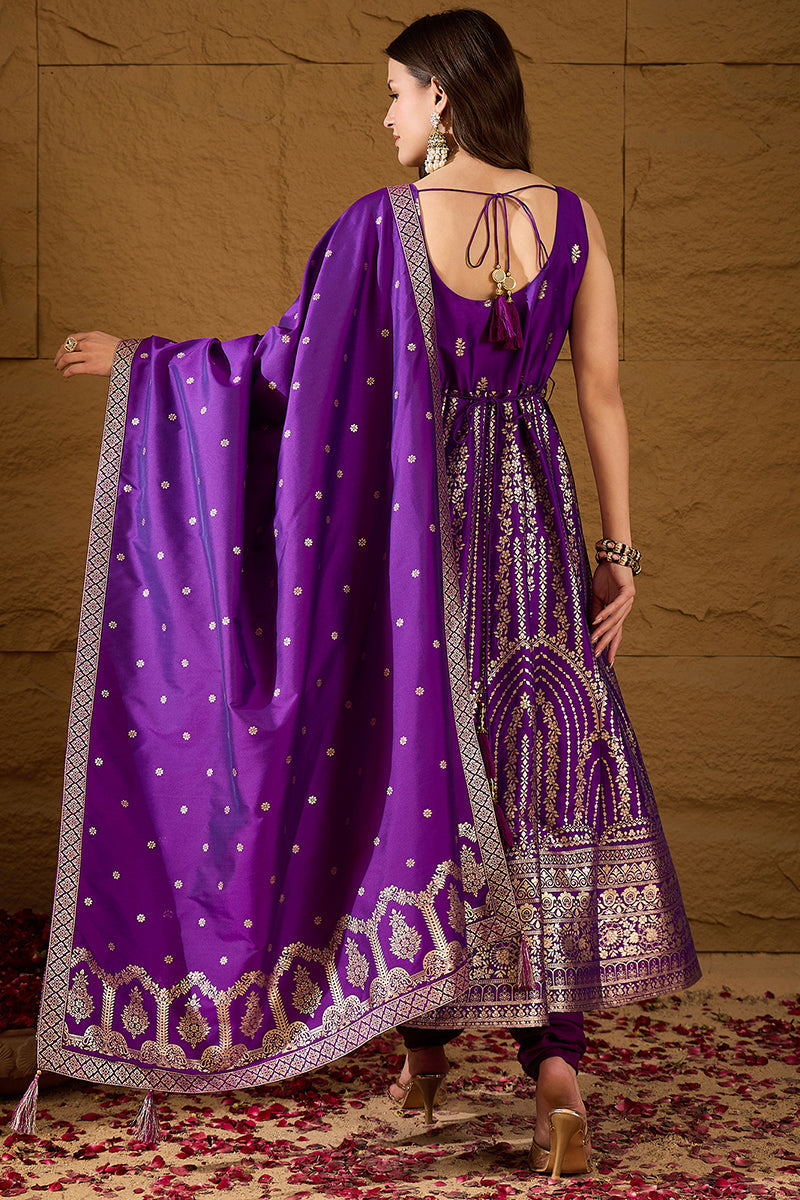 Purple Silk Blend Solid Woven Design Anarkali Kurta Churidar With Dupatta | SHOBITAM