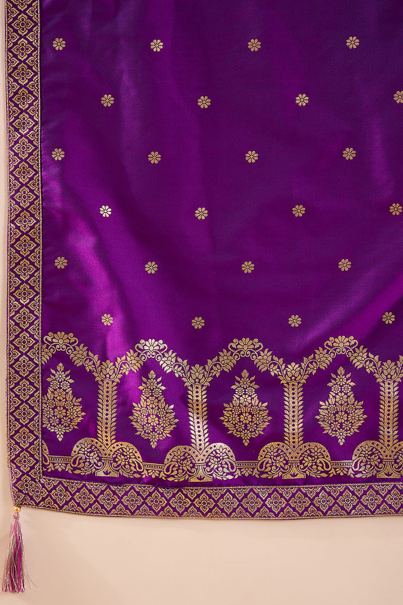 Purple Silk Blend Solid Woven Design Anarkali Kurta Churidar With Dupatta | SHOBITAM