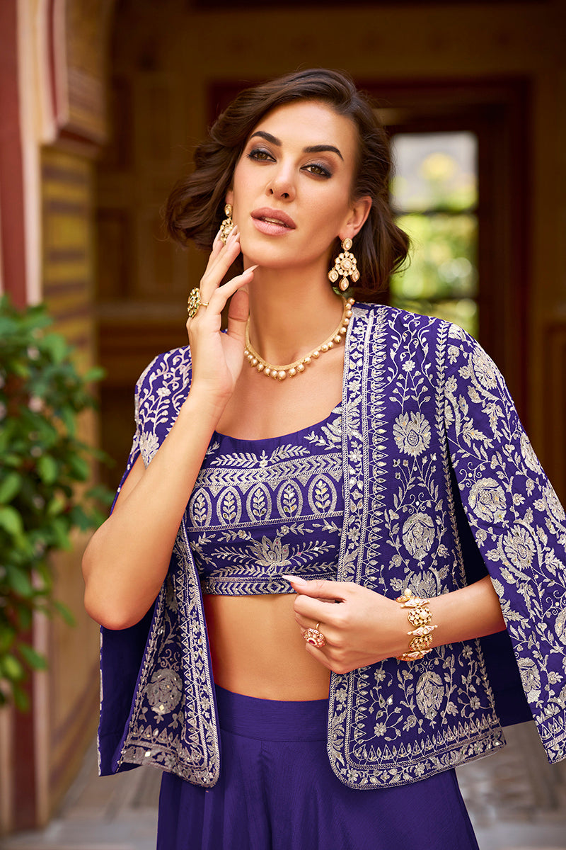 Blue Silk Blend Embroidered Flared Top Bottom With Shrug | SHOBITAM