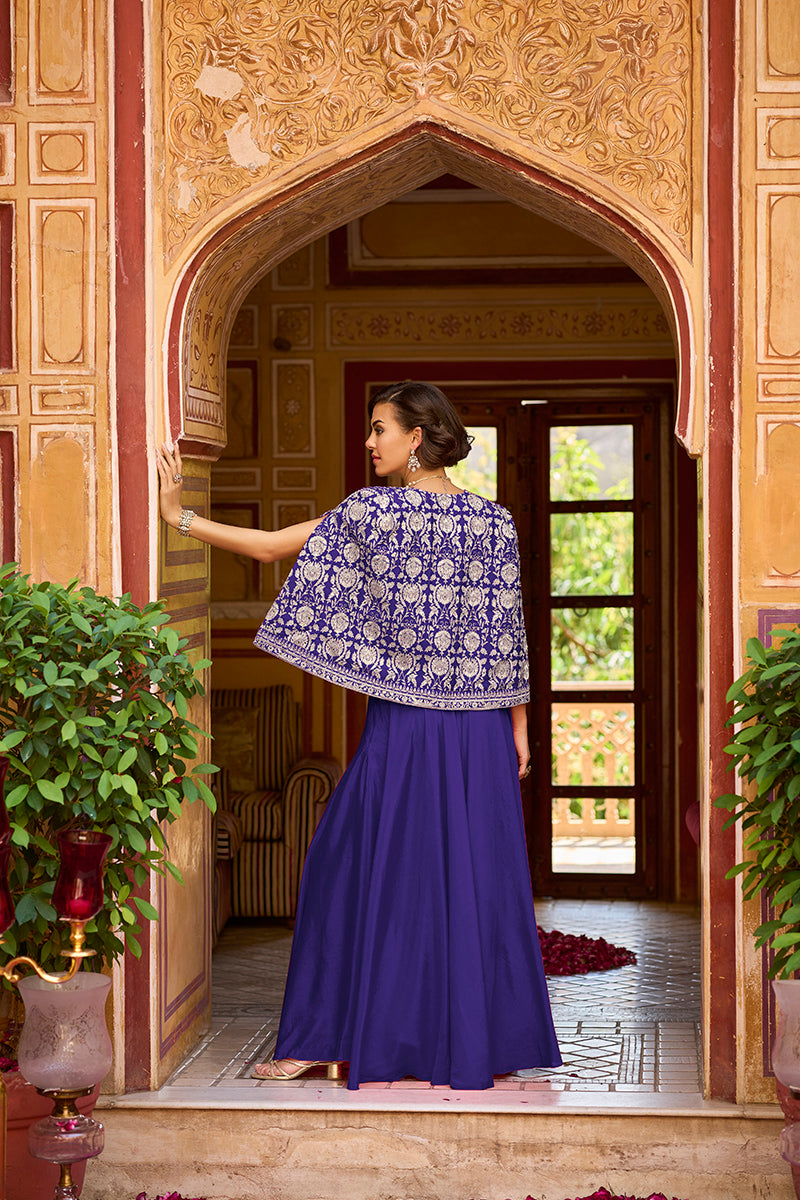 Blue Silk Blend Embroidered Flared Top Bottom With Shrug | SHOBITAM