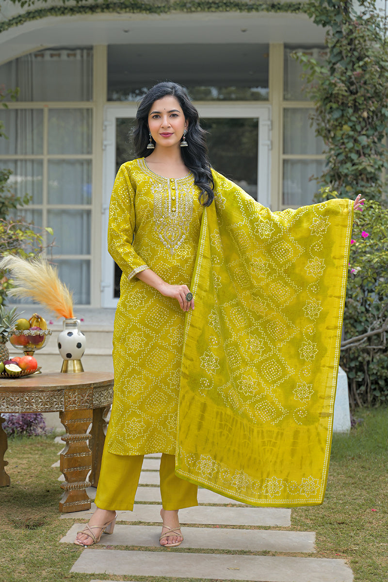 Yellow Silk Blend Bandhani Embroidered Straight Kurta Trousers With Dupatta | SHOBITAM