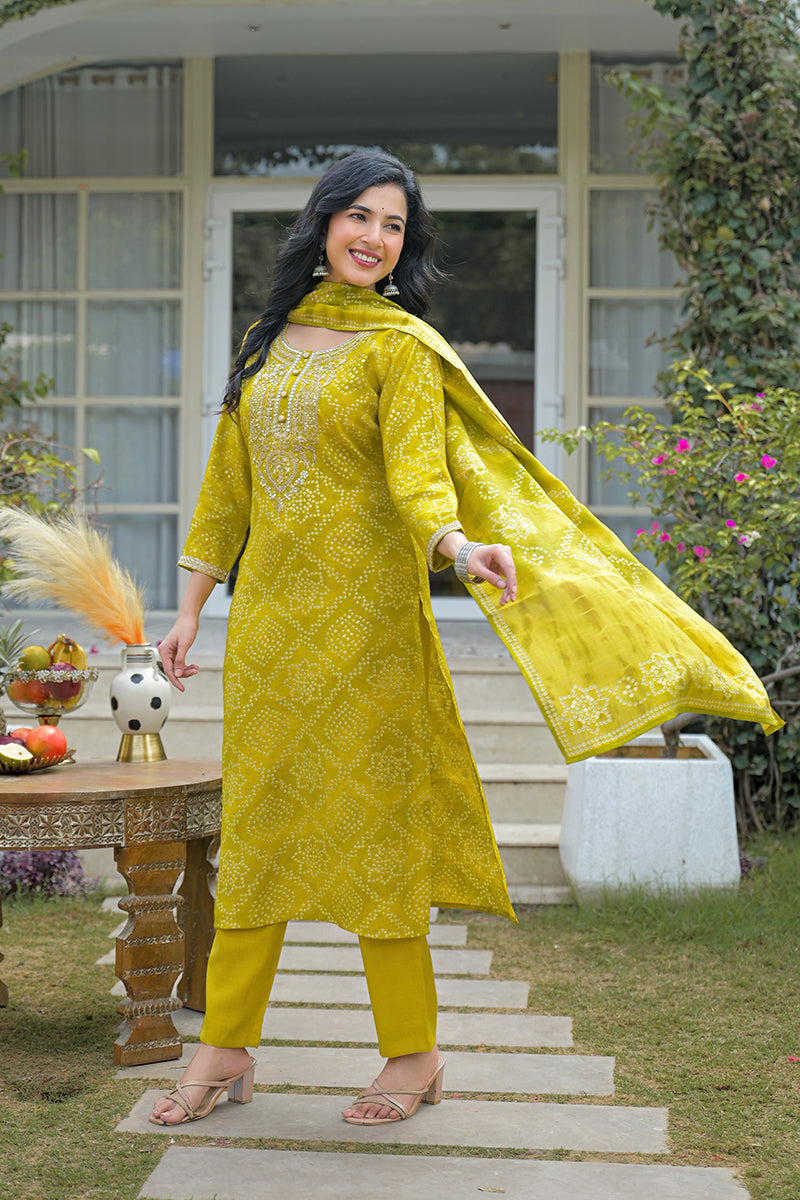 Yellow Silk Blend Bandhani Embroidered Straight Kurta Trousers With Dupatta | SHOBITAM