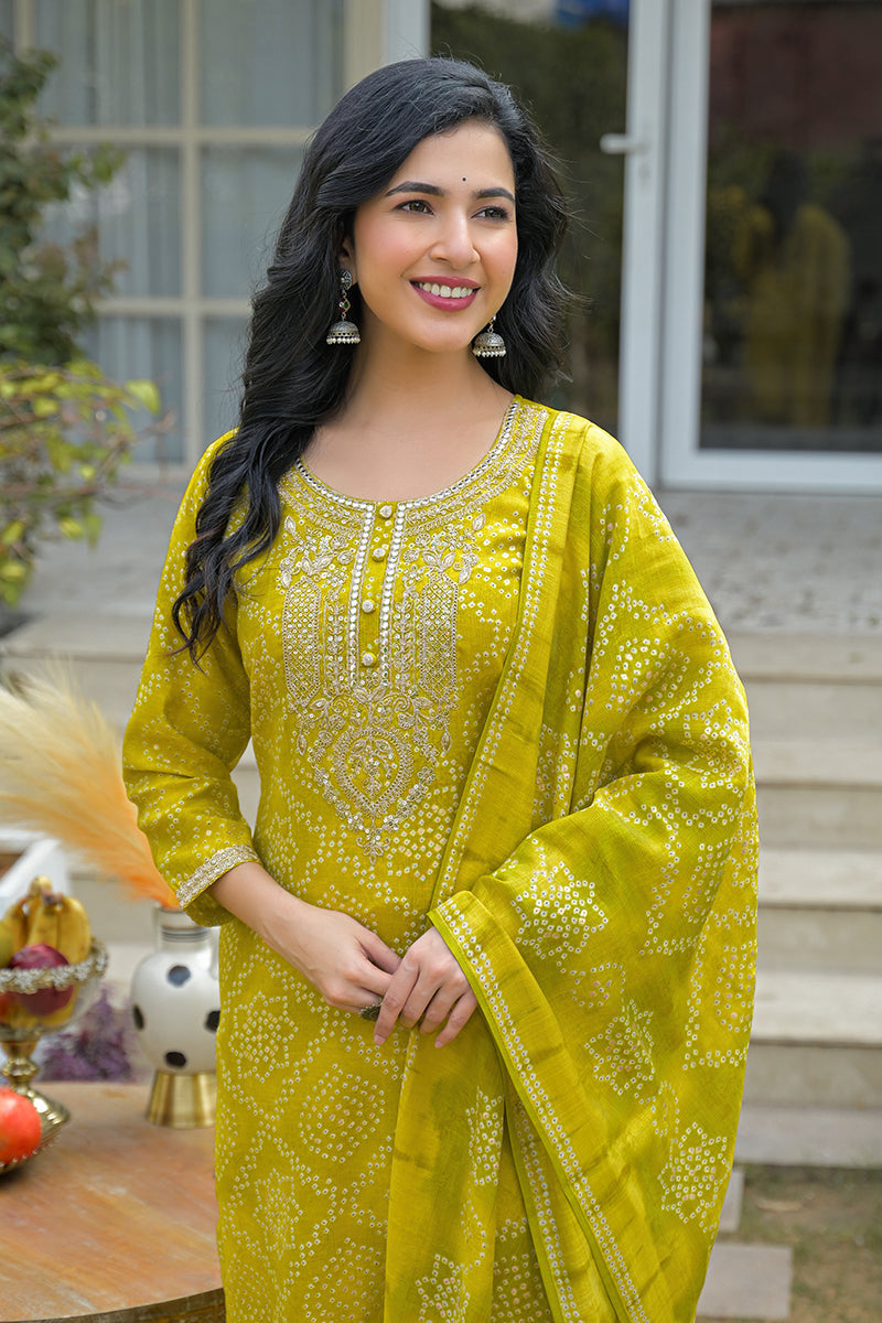 Yellow Silk Blend Bandhani Embroidered Straight Kurta Trousers With Dupatta | SHOBITAM
