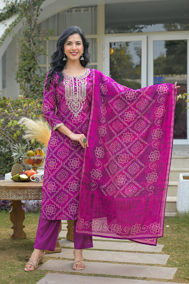 Purple Silk Blend Bandhani Embroidered Straight Kurta Trousers With Dupatta | SHOBITAM