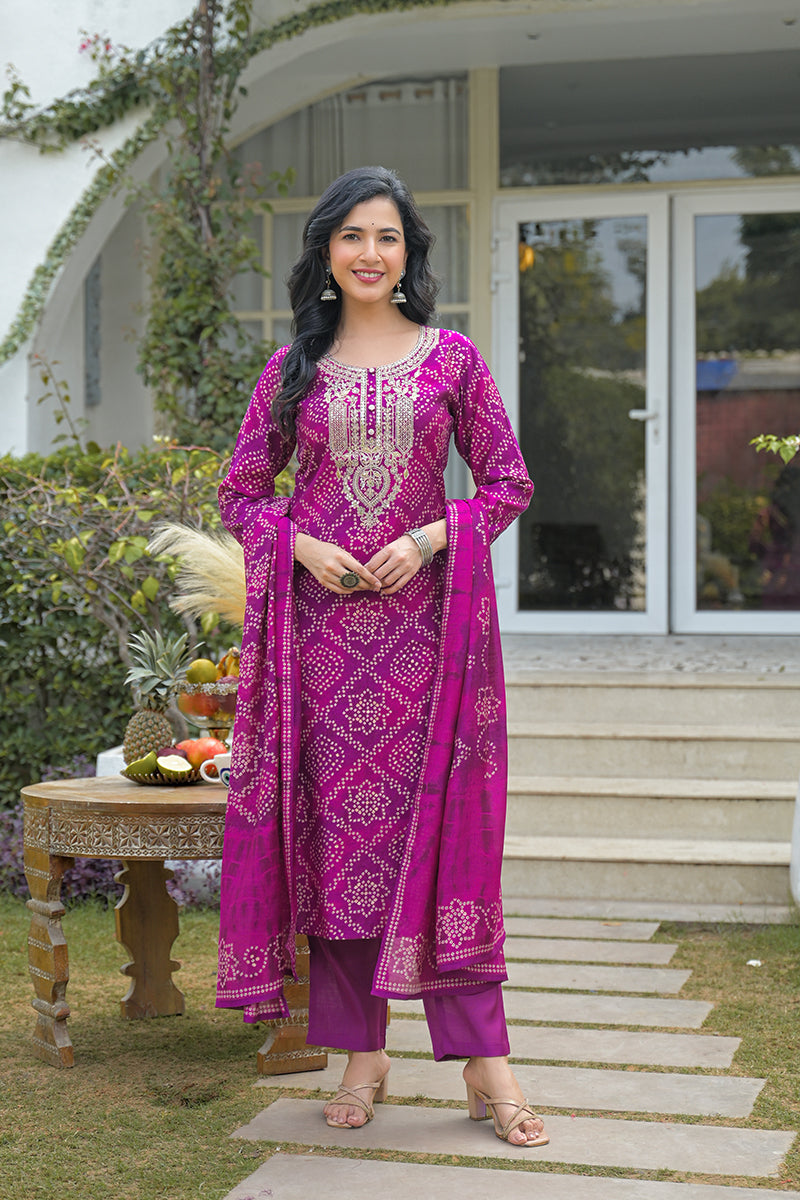 Purple Silk Blend Bandhani Embroidered Straight Kurta Trousers With Dupatta | SHOBITAM