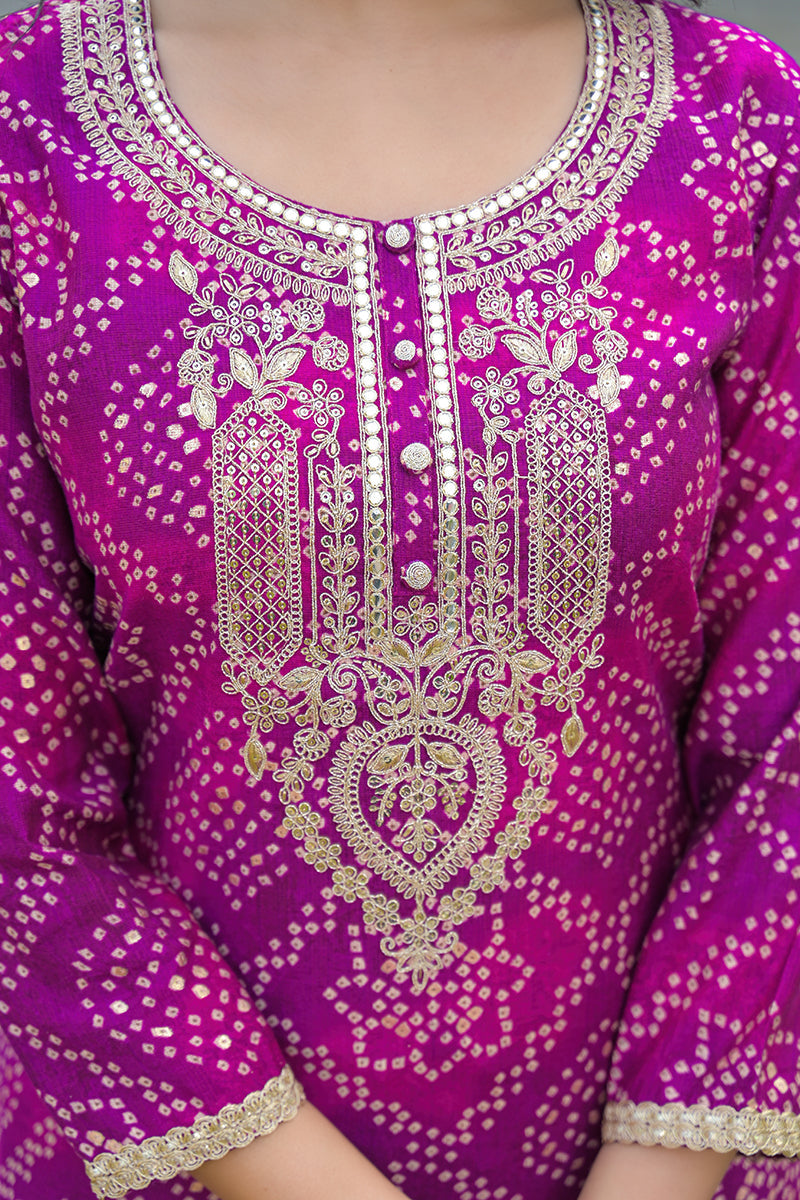 Purple Silk Blend Bandhani Embroidered Straight Kurta Trousers With Dupatta | SHOBITAM