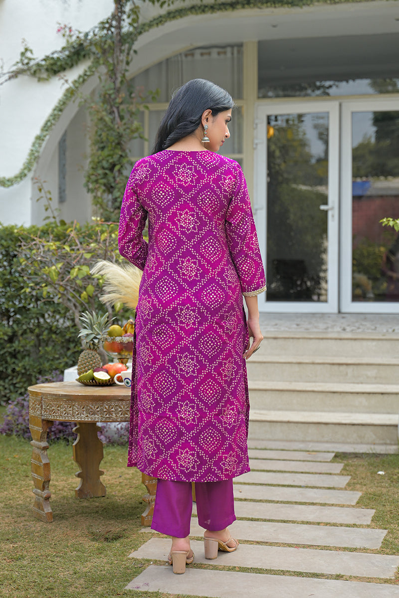Purple Silk Blend Bandhani Embroidered Straight Kurta Trousers With Dupatta | SHOBITAM