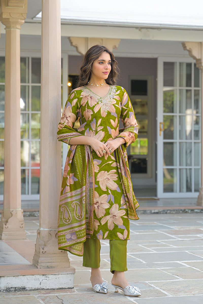 Green Viscose Floral Embroidered Straight Kurta Trousers With Dupatta | SHOBITAM