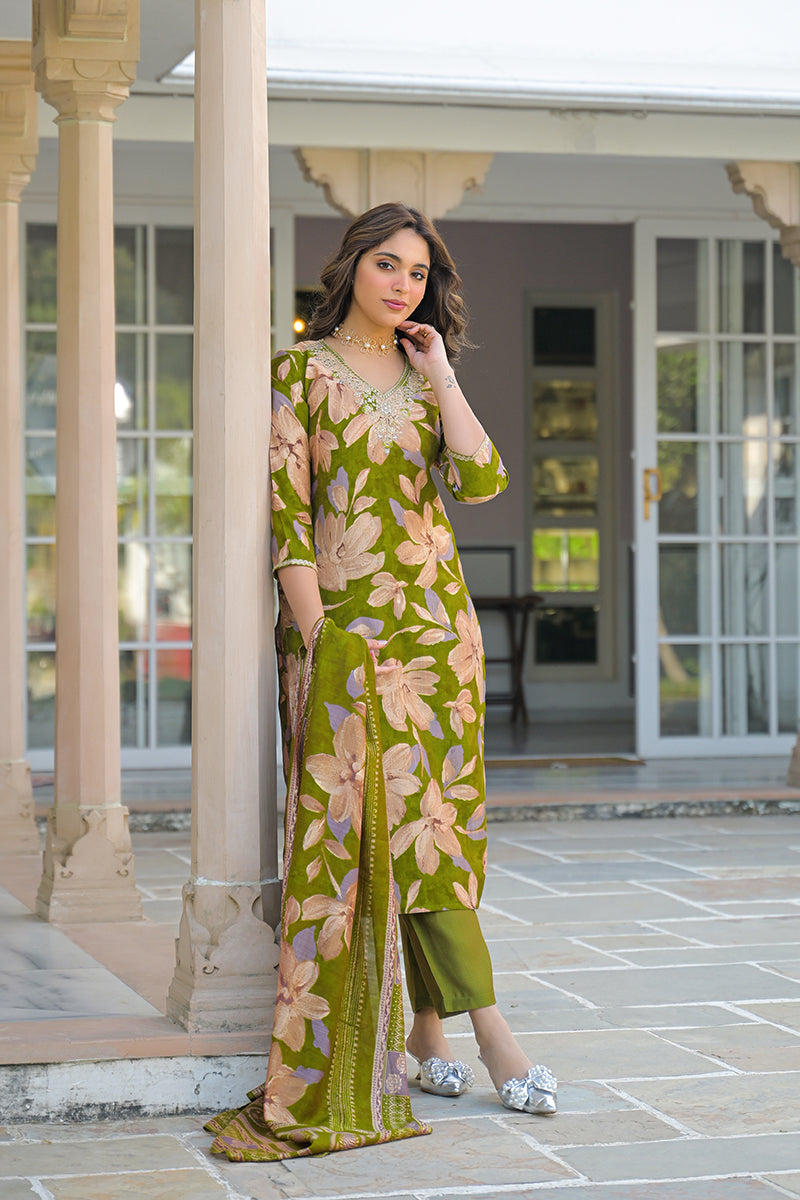 Green Viscose Floral Embroidered Straight Kurta Trousers With Dupatta | SHOBITAM