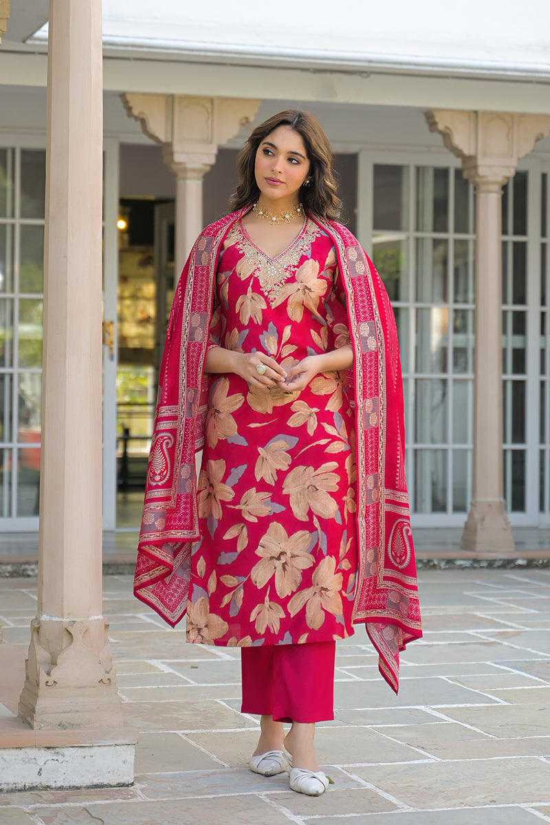 Pink Viscose Floral Embroidered Straight Kurta Trousers With Dupatta | SHOBITAM