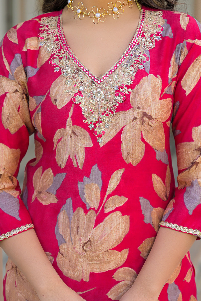Pink Viscose Floral Embroidered Straight Kurta Trousers With Dupatta | SHOBITAM