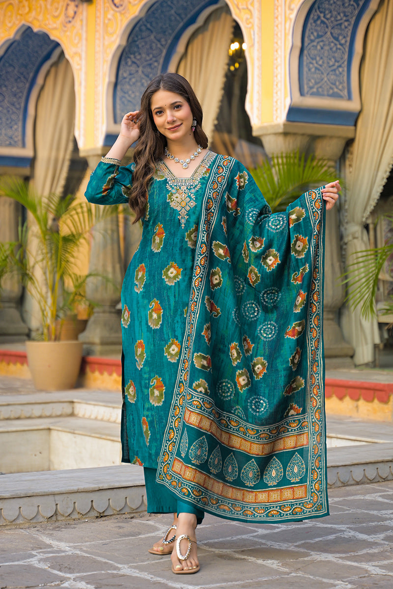 Teal Viscose Embroidered Straight Kurta Trousers With Dupatta | SHOBITAM