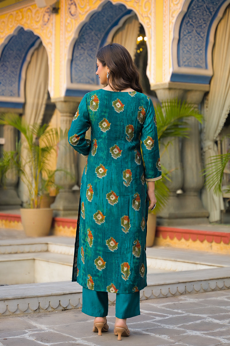 Teal Viscose Embroidered Straight Kurta Trousers With Dupatta | SHOBITAM