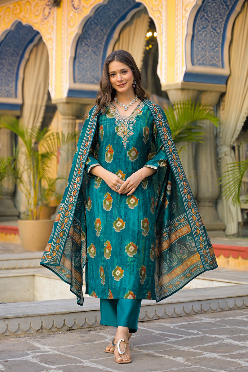 Teal Viscose Embroidered Straight Kurta Trousers With Dupatta | SHOBITAM