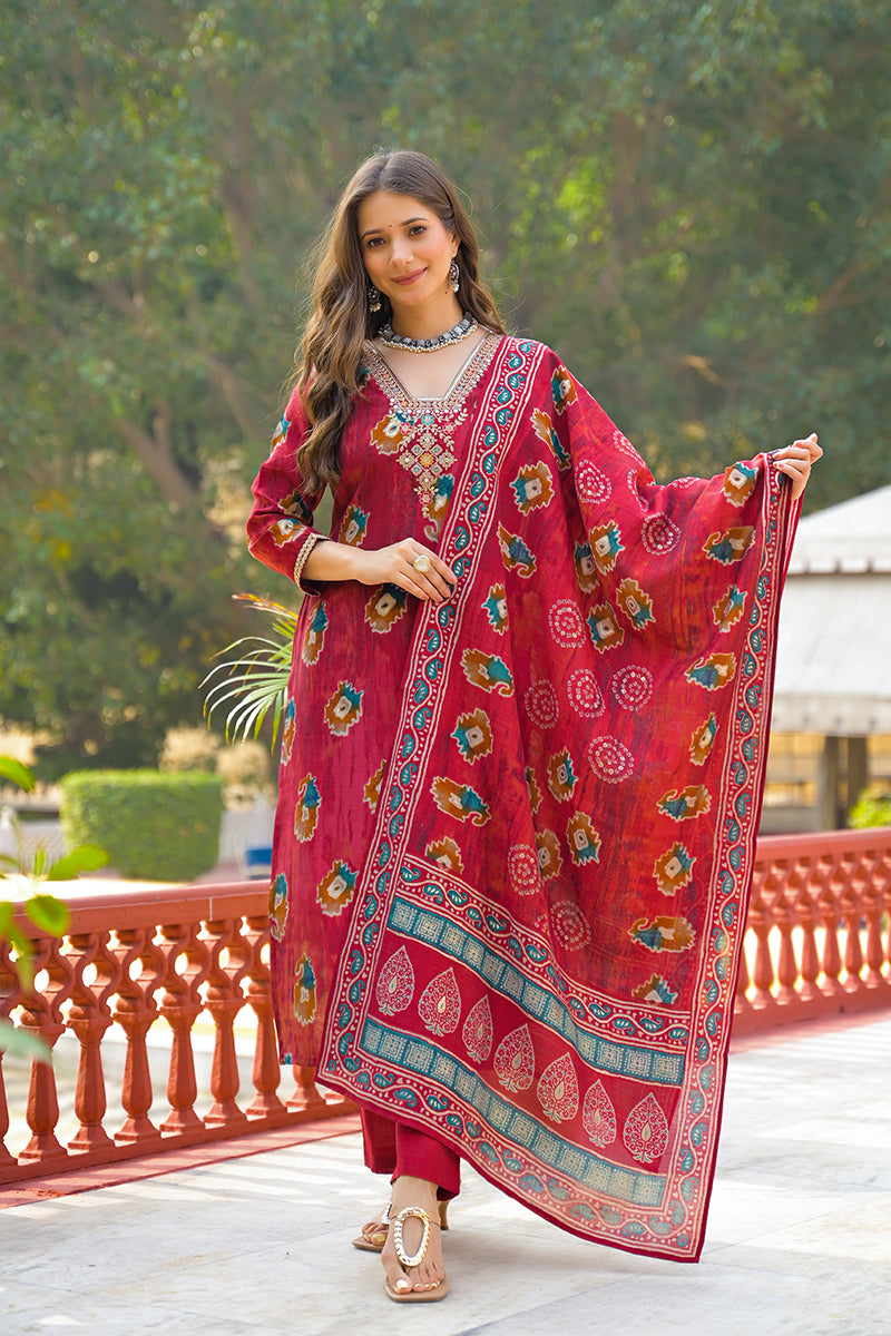Maroon Viscose Embroidered Straight Kurta Trousers With Dupatta | SHOBITAM