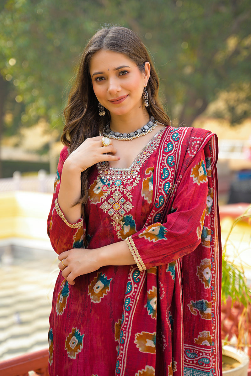 Maroon Viscose Embroidered Straight Kurta Trousers With Dupatta | SHOBITAM