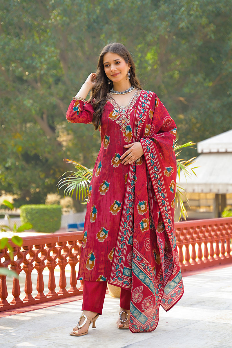 Maroon Viscose Embroidered Straight Kurta Trousers With Dupatta | SHOBITAM