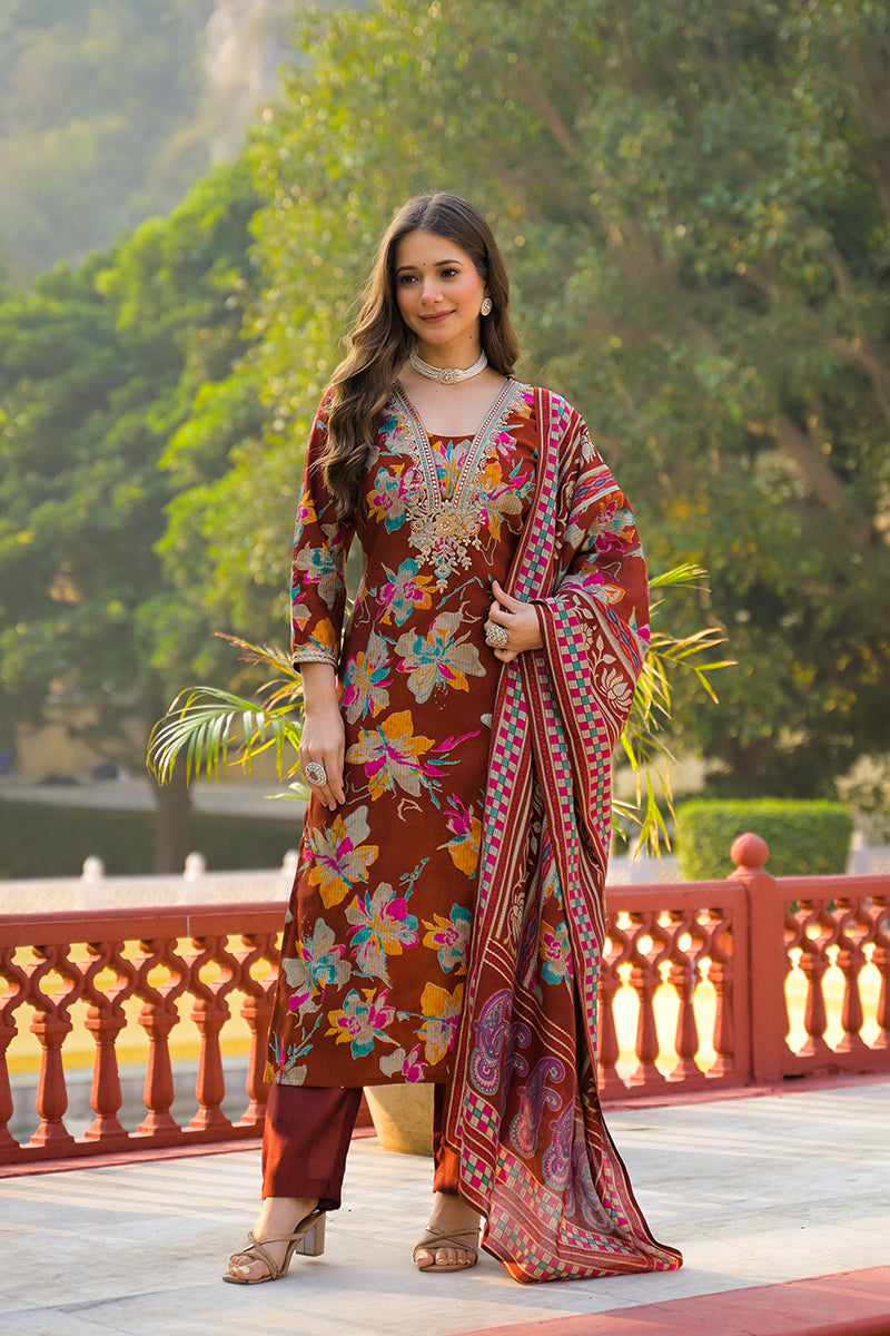 Brown Viscose Floral Printed Straight Kurta Trousers With Dupatta | SHOBITAM