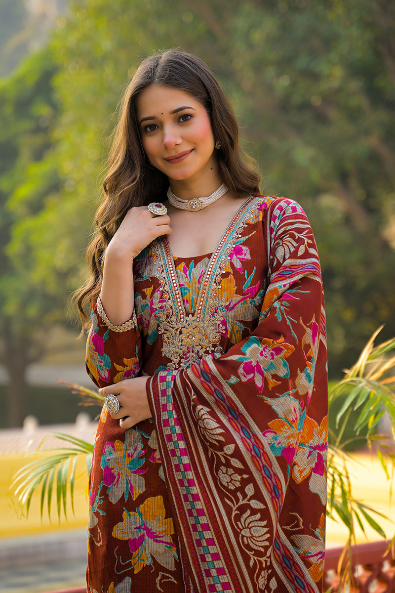 Brown Viscose Floral Printed Straight Kurta Trousers With Dupatta | SHOBITAM