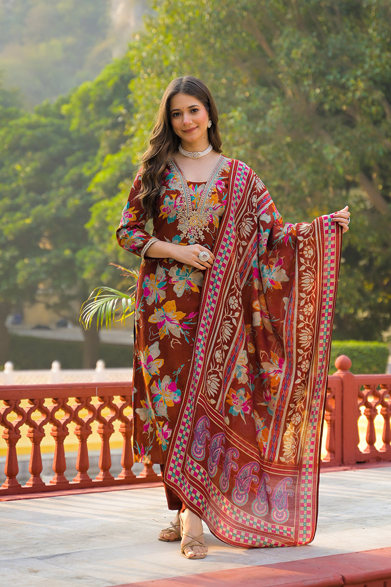 Brown Viscose Floral Printed Straight Kurta Trousers With Dupatta | SHOBITAM
