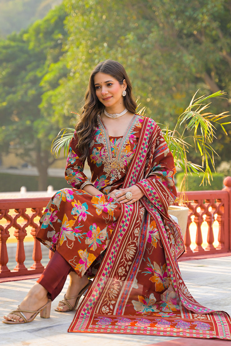 Brown Viscose Floral Printed Straight Kurta Trousers With Dupatta | SHOBITAM