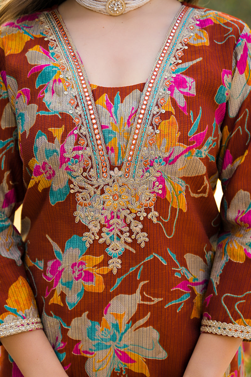 Brown Viscose Floral Printed Straight Kurta Trousers With Dupatta | SHOBITAM
