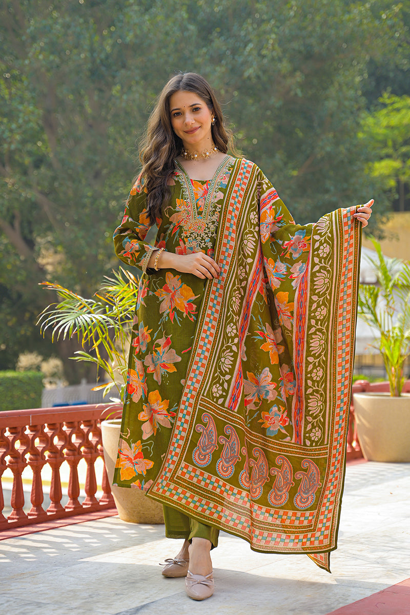 Green Viscose Floral Printed Straight Kurta Trousers With Dupatta | SHOBITAM
