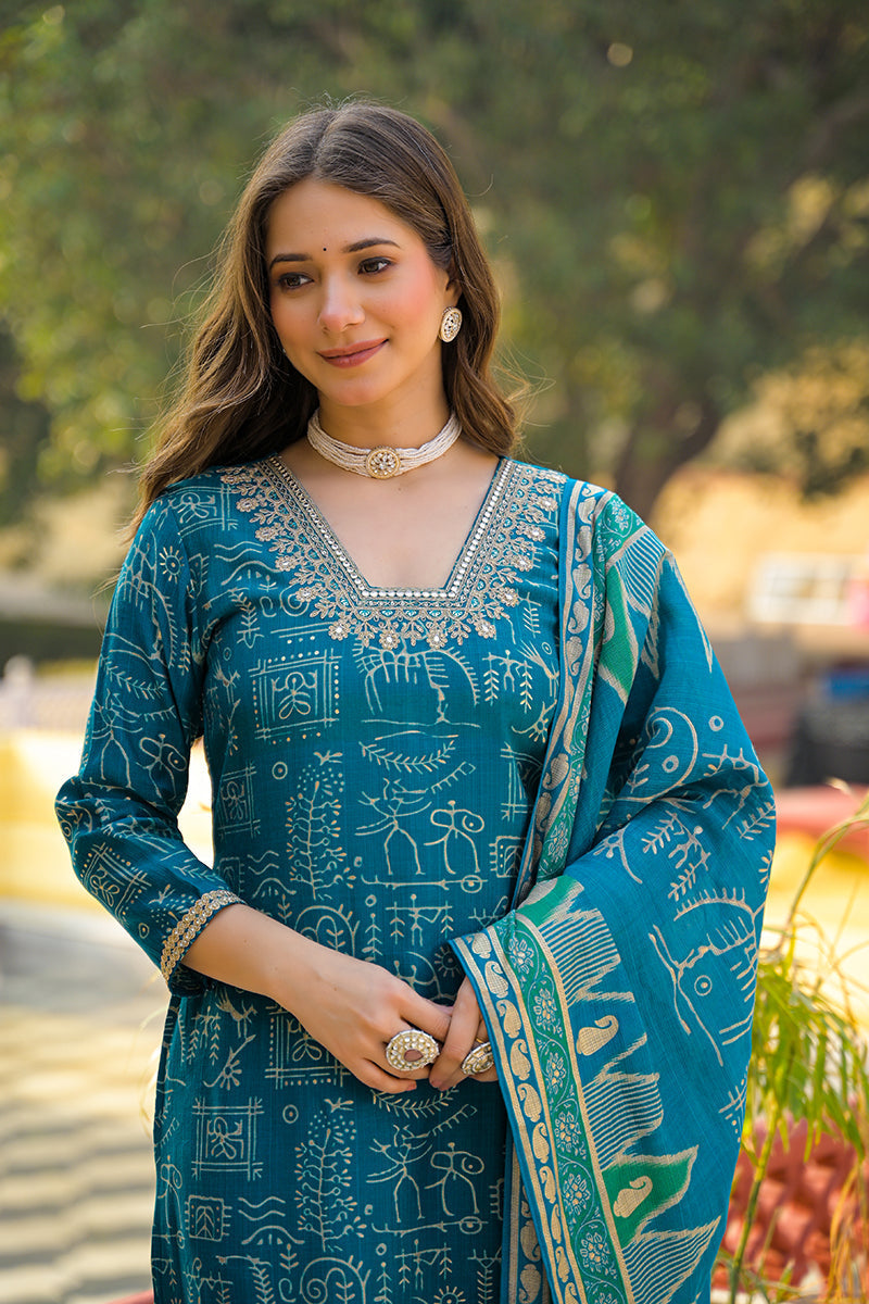 Blue Viscose Ethnic Motifs Printed Straight Kurta Trousers With Dupatta | SHOBITAM