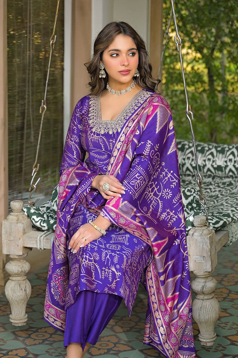 Purple Viscose Ethnic Motifs Printed Straight Kurta Trousers With Dupatta| SHOBITAM