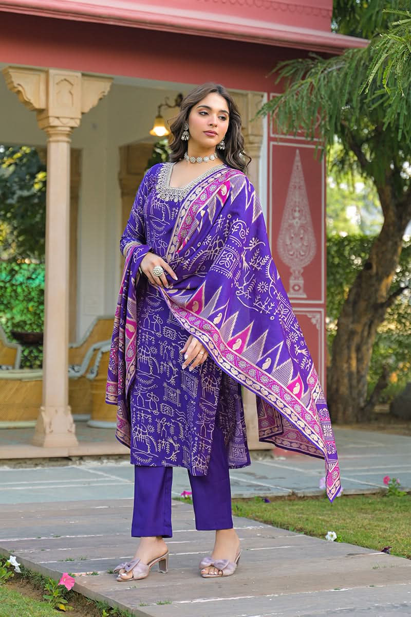 Purple Viscose Ethnic Motifs Printed Straight Kurta Trousers With Dupatta| SHOBITAM