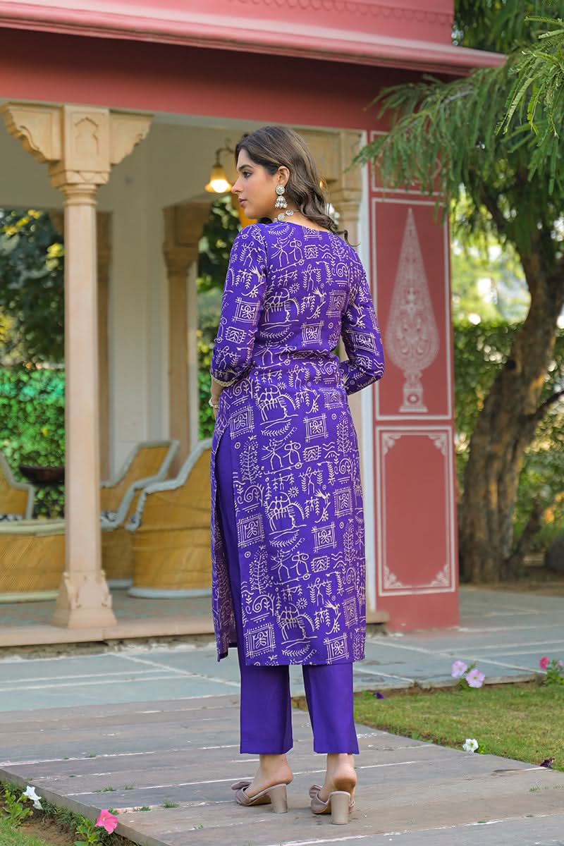 Purple Viscose Ethnic Motifs Printed Straight Kurta Trousers With Dupatta| SHOBITAM