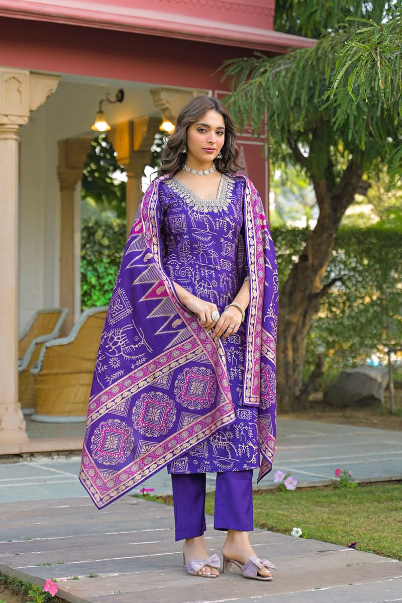 Purple Viscose Ethnic Motifs Printed Straight Kurta Trousers With Dupatta| SHOBITAM