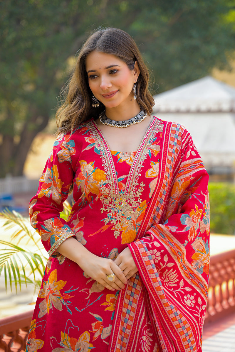 Red Viscose Floral Printed Straight Kurta Trousers With Dupatta | SHOBITAM