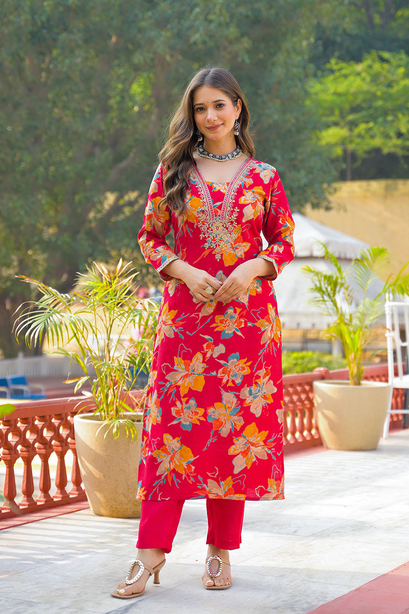 Red Viscose Floral Printed Straight Kurta Trousers With Dupatta | SHOBITAM
