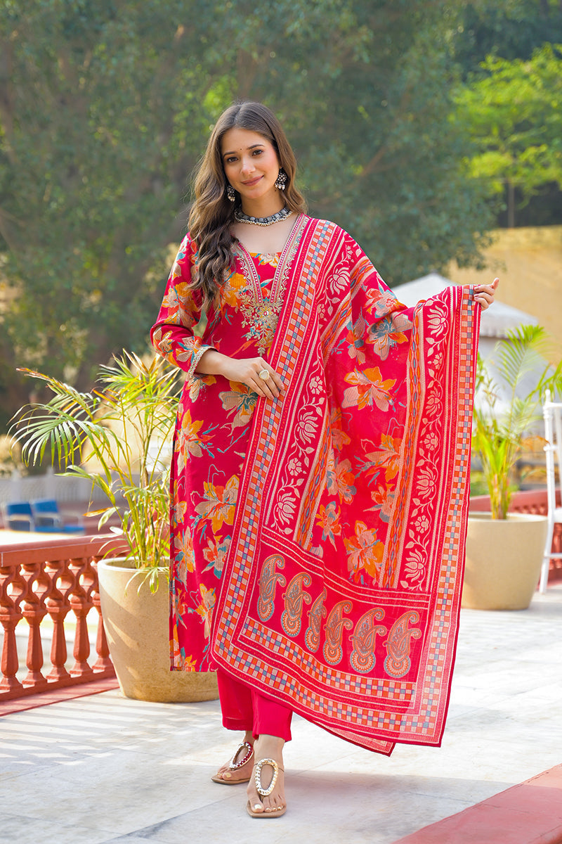 Red Viscose Floral Printed Straight Kurta Trousers With Dupatta | SHOBITAM