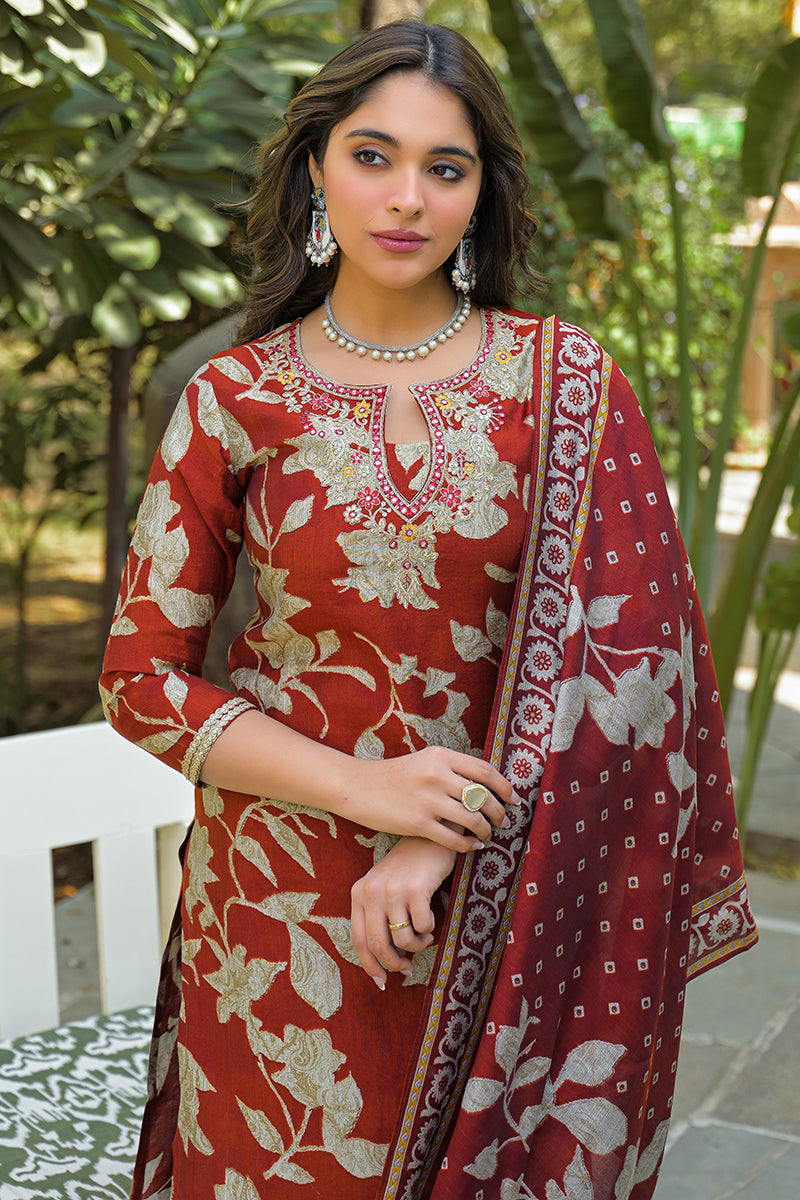 Brown Viscose Rayon Embroidered Straight Kurta Trousers With Dupatta | SHOBITAM
