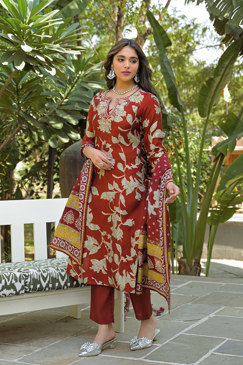 Brown Viscose Rayon Embroidered Straight Kurta Trousers With Dupatta | SHOBITAM